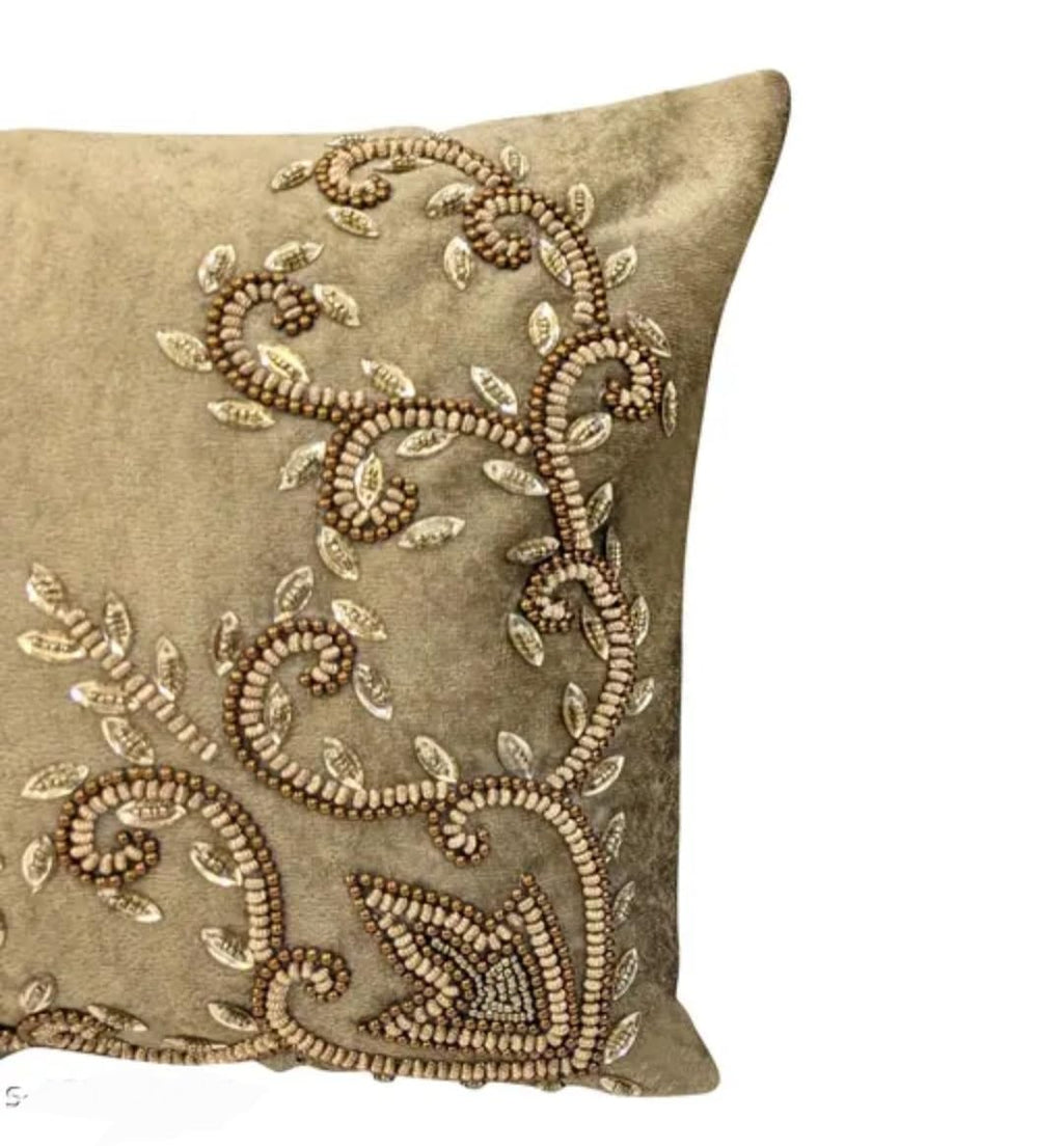 Handmade Velvet Lumbar Throw Pillow Cover, Beige, Embroidered Floral Scroll Design, Decorative Cushion Cover, Set of 2
