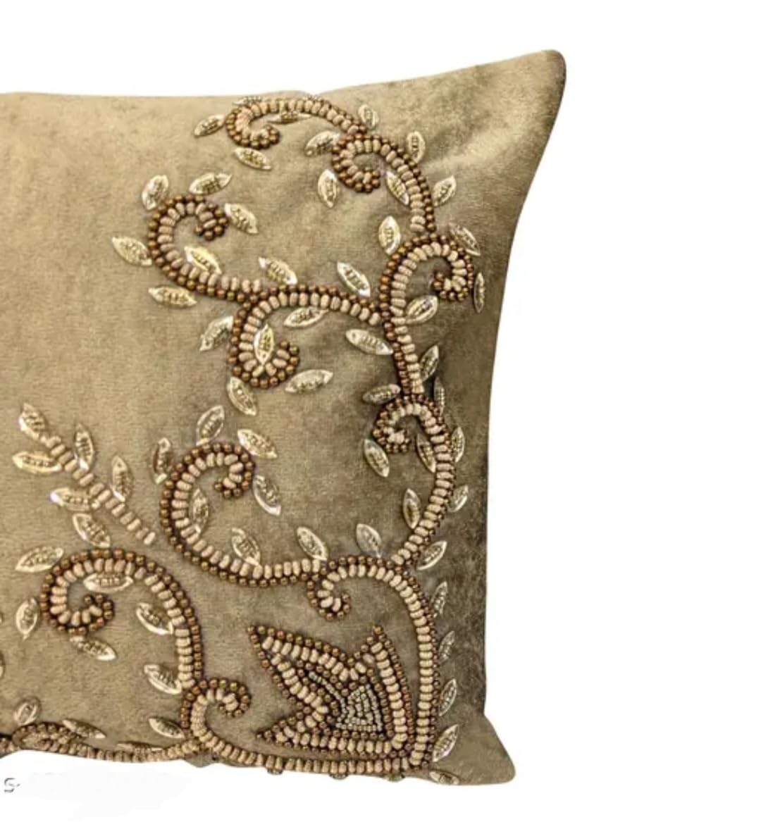Handmade Velvet Lumbar Throw Pillow Cover, Beige, Embroidered Floral Scroll Design, Decorative Cushion Cover, Set of 2