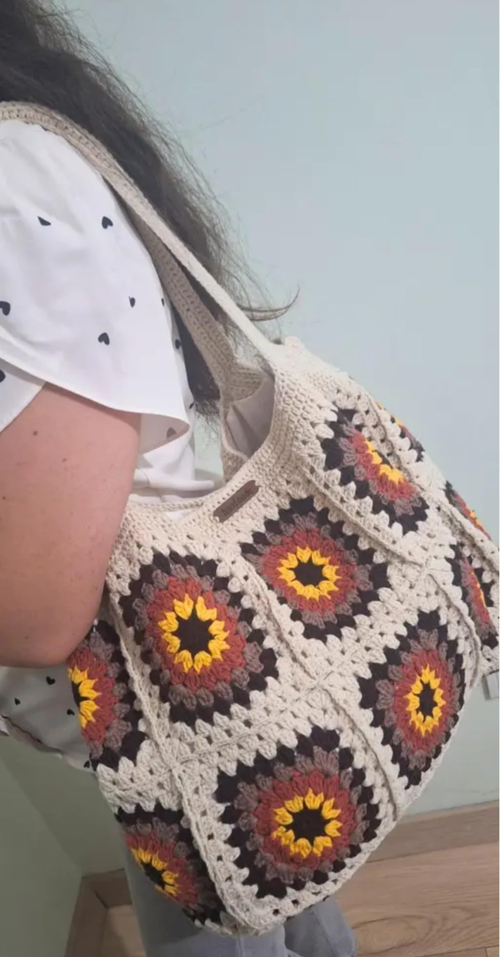 Handmade Crochet Tote Bag, Granny Square Pattern, Beige with Yellow and Red Sunburst Design