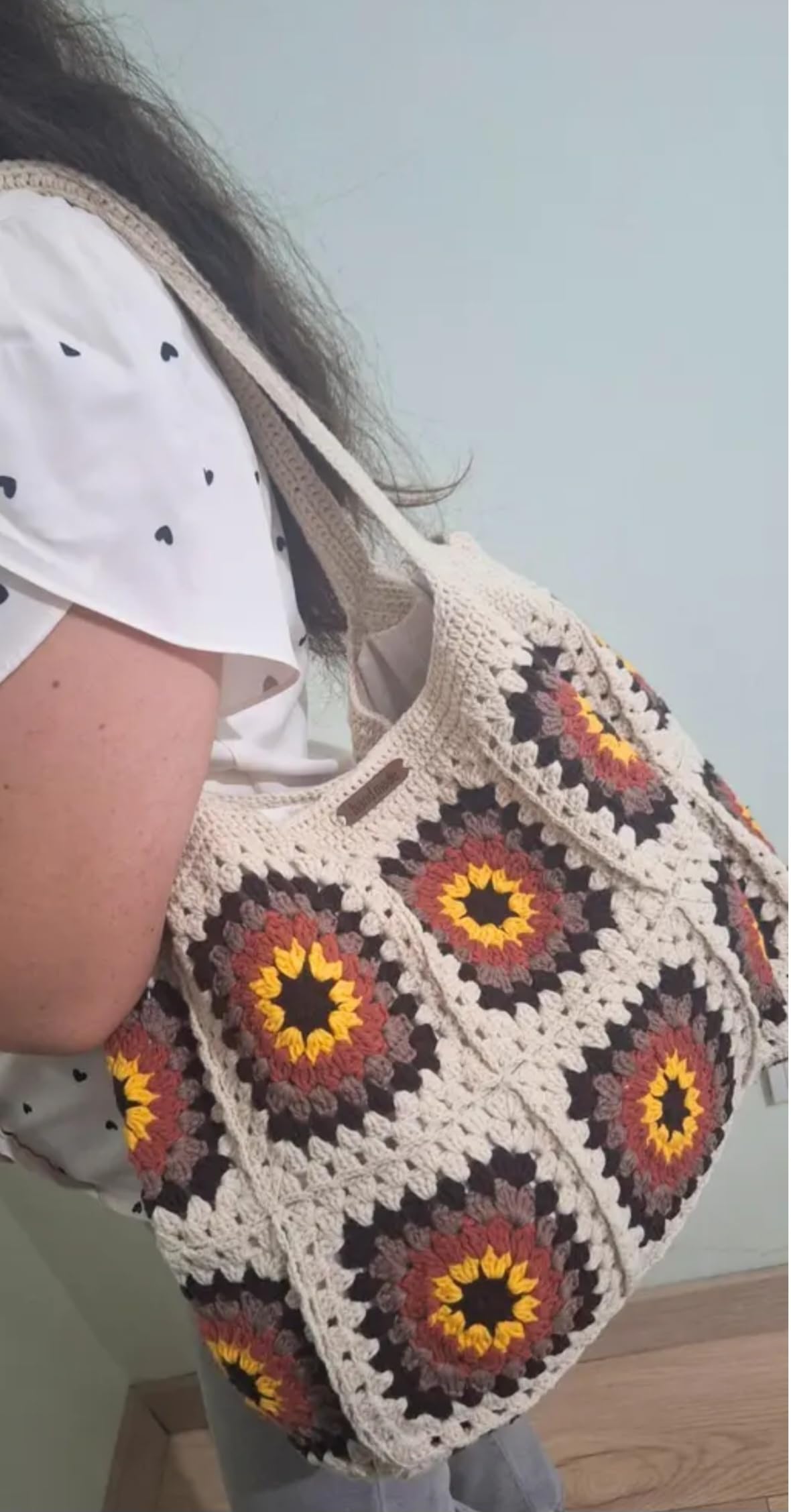 Handmade Crochet Tote Bag, Granny Square Pattern, Beige with Yellow and Red Sunburst Design