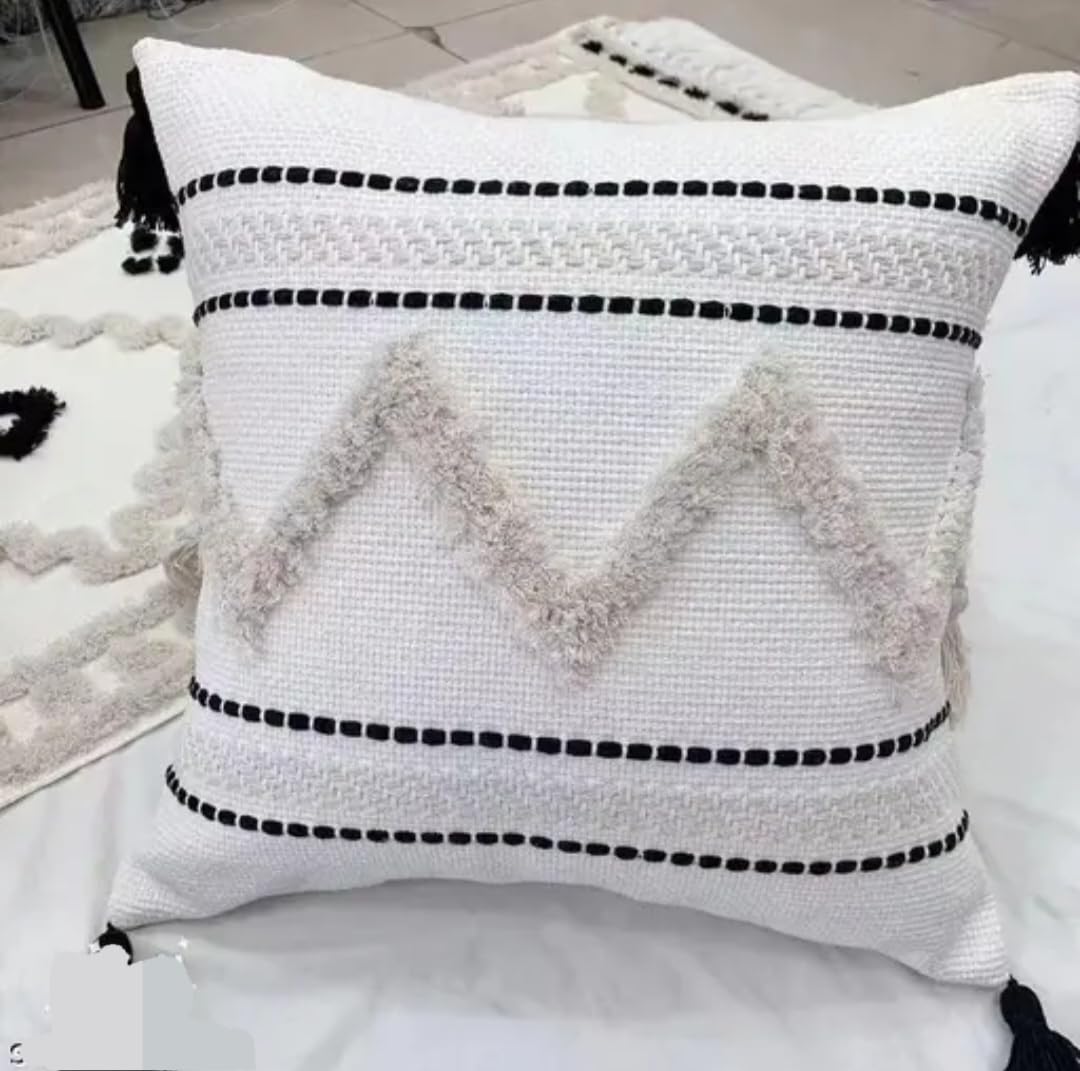 Boho Handmade Pillow Cover, White with Black Stripes, Tufted Geometric Pattern, Tassels, Woven Cotton