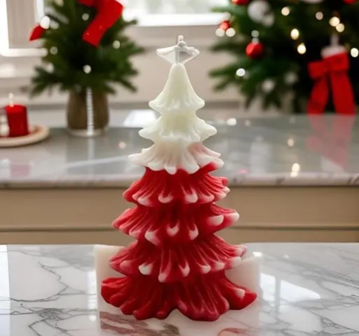 Red and White Christmas Tree Candle with Wooden Base, Decorative Holiday Candle