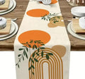Table Runner, Modern Geometric Design, Orange and Beige Circles with Green Leaves, Contemporary Home Decor