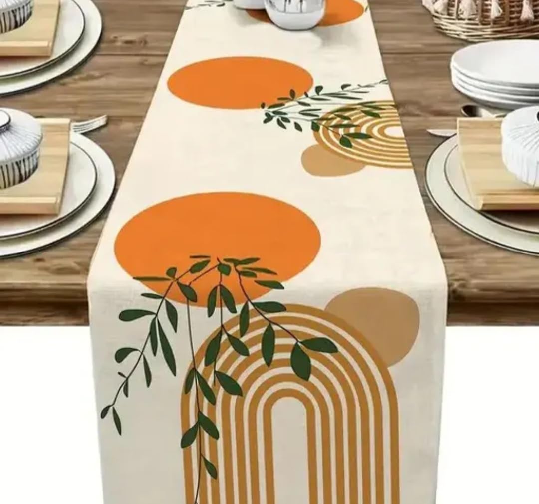Table Runner, Modern Geometric Design, Orange and Beige Circles with Green Leaves, Contemporary Home Decor