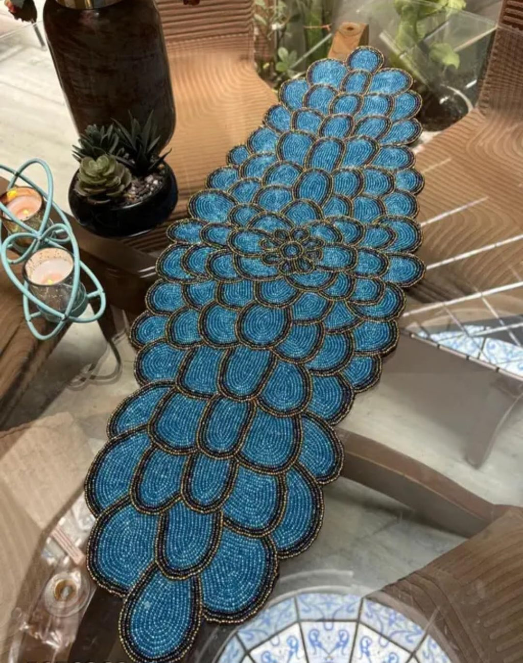 Beaded Table Runner, Blue Floral Dahlia Design, Handcrafted Seed Bead, Decorative Home Decor
