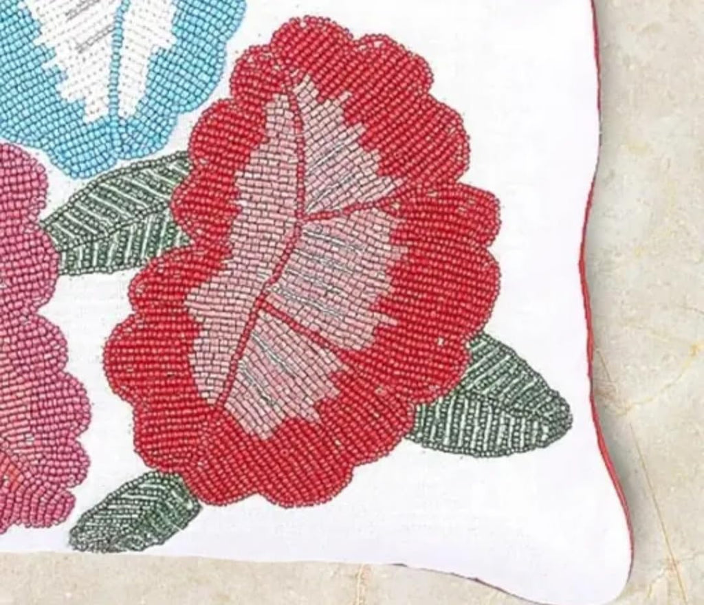 Beaded Handcrafted Floral Throw Pillow Cover, White with Pink, Red, and Blue Flowers, Decorative Cushion Cover