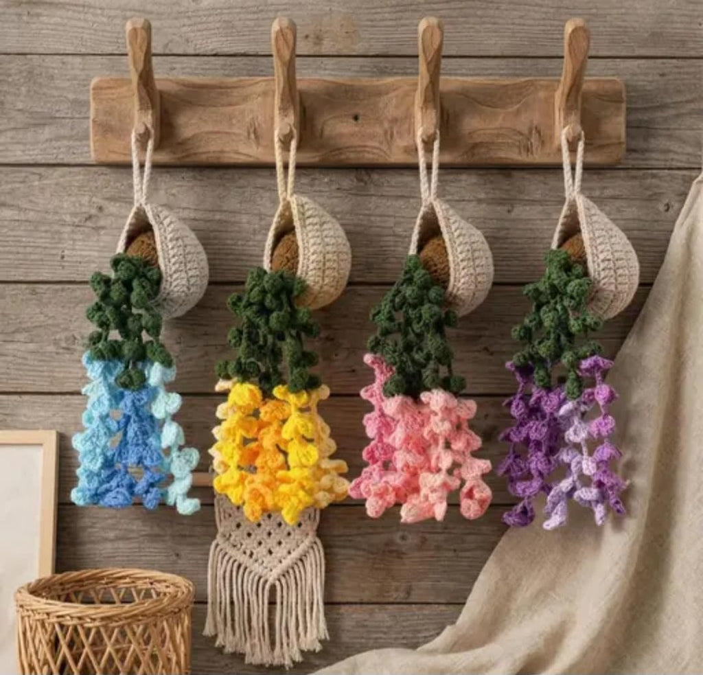 Crochet Hanging Plant Decor, Purple and Green Floral Wall Art, Boho Home Decoration, 1 piece
