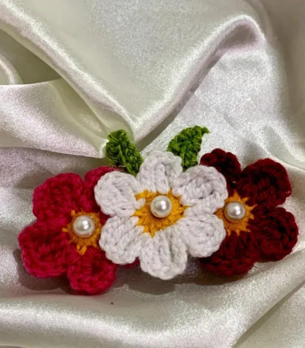 Handmade Crochet Flower Hair Accessory with Pearl Centers, White, Pink, Burgundy, Green Leaves