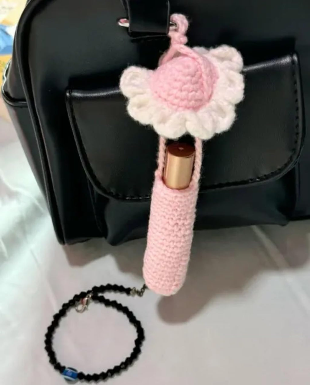 Handmade Crochet Lip Balm Holder, Pink and White, Floral Design, Knitted Lipstick Case Pouch