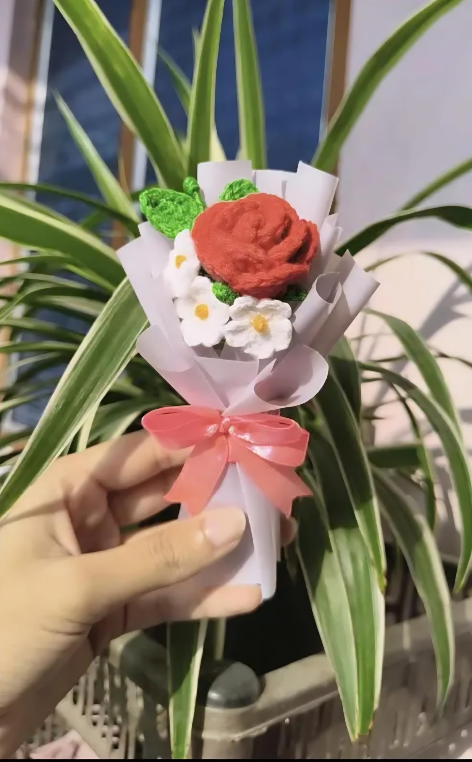Handmade Crochet Flower Bouquet, Mini, with Roses, Daisies, Pink Ribbon, Gift Decoration, 1 piece, Random