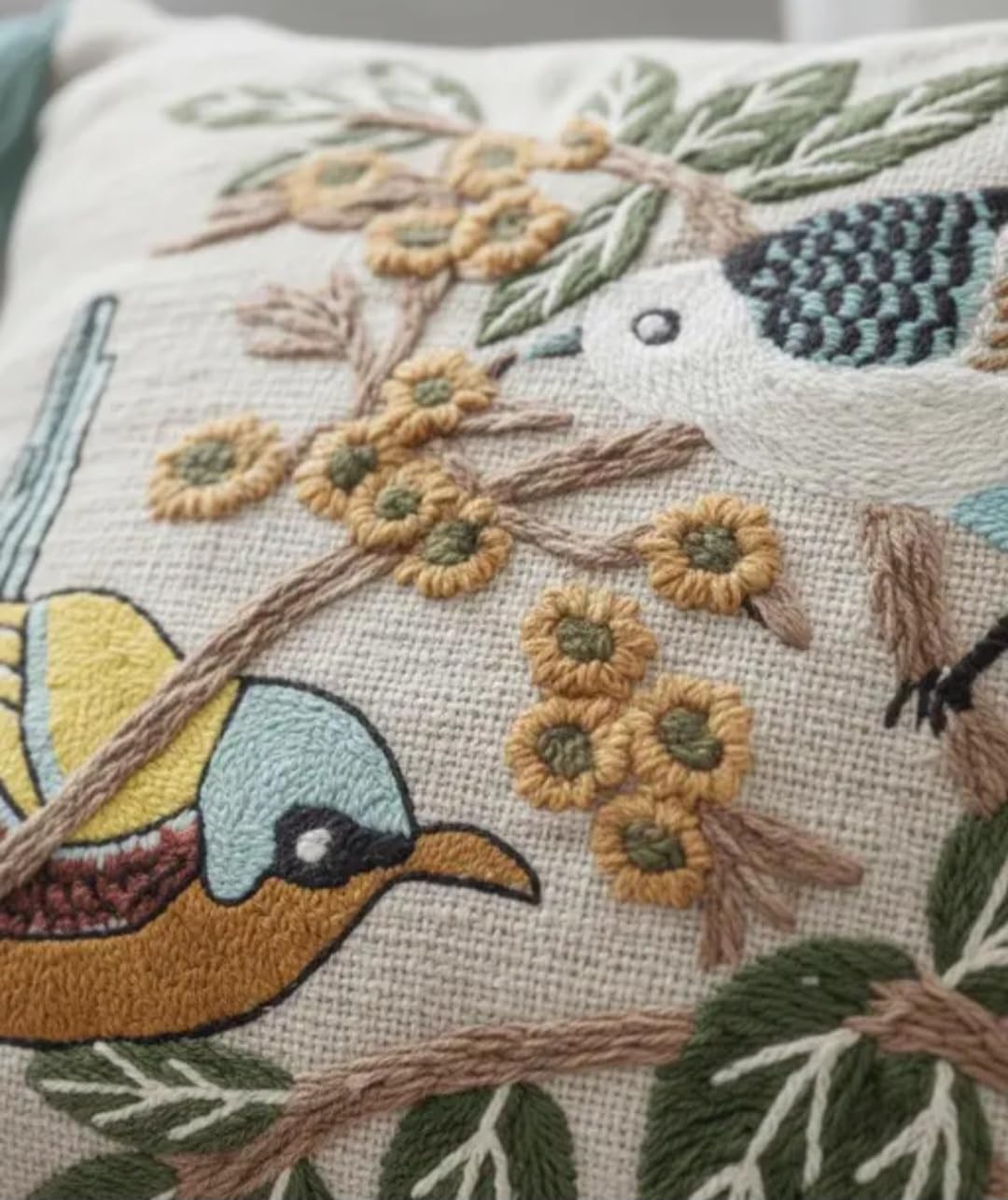 Handmade Embroidered Bird and Floral Throw Pillow Cover, Beige, with Teal Tassels, Boho Style