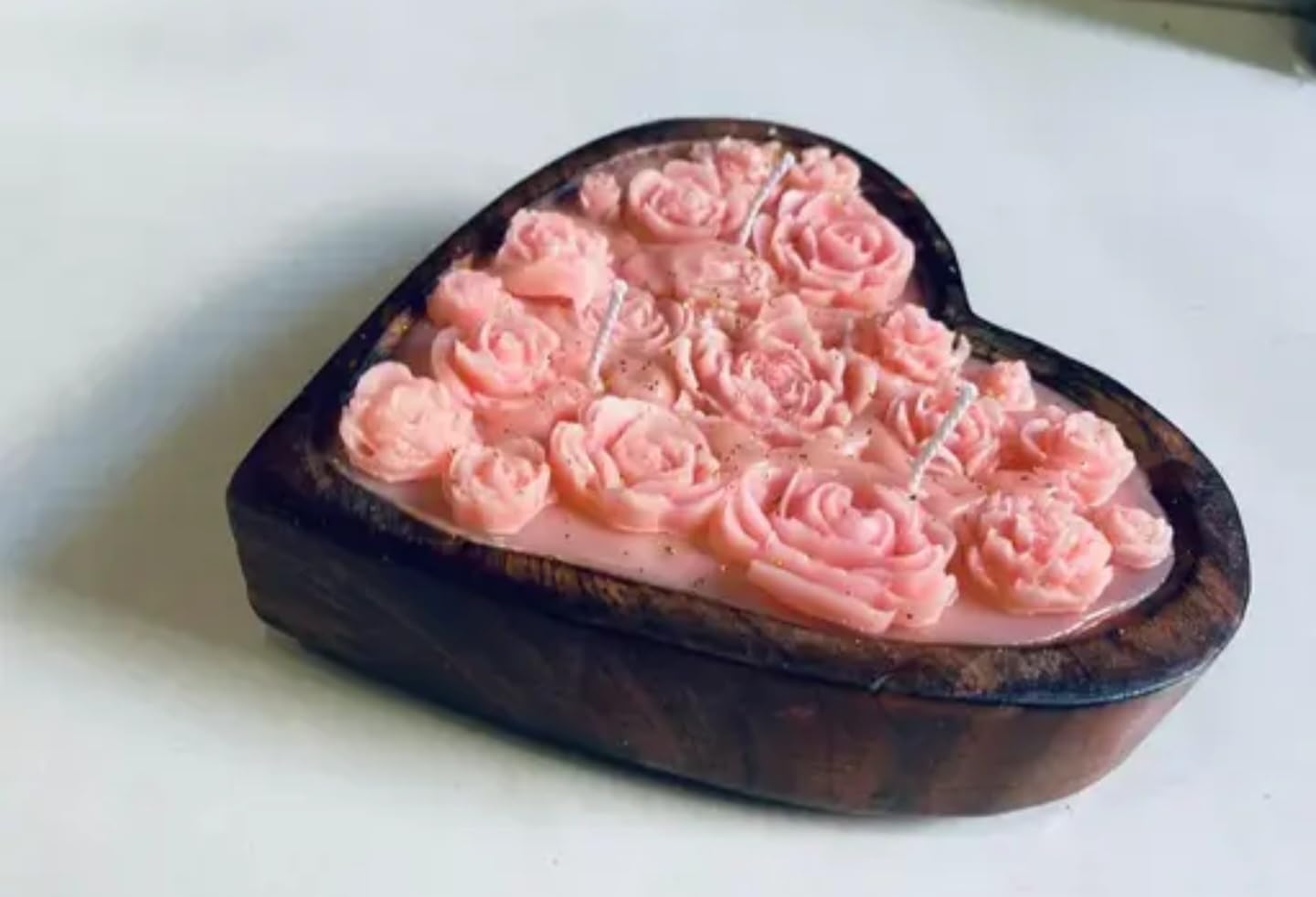 Handcrafted Heart-Shaped Decorative Candle with Pink Rose Design, Rustic Wood Frame