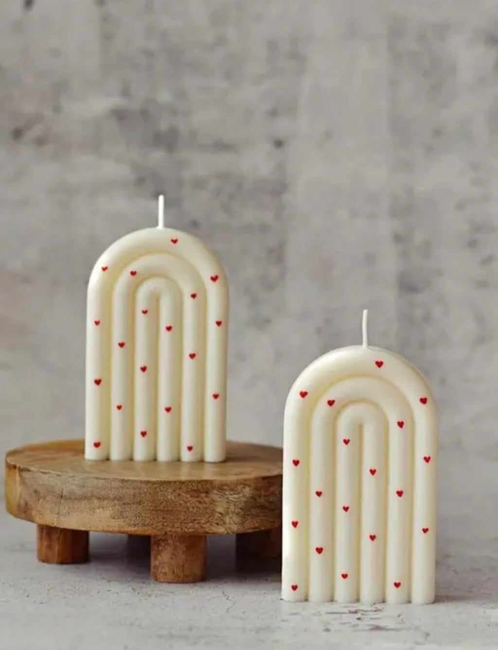 Arch Shape Pillar Candle, Ivory with Red Heart Pattern, Decorative Sculptural Design, Set of 2