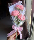 Handmade Crochet Flower Bouquet, Pink Carnations with Green Stems, Gift Wrapped with Pink Ribbon