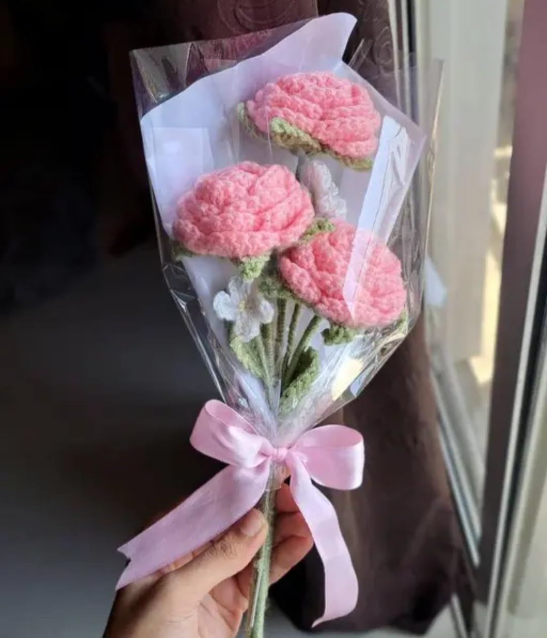 Handmade Crochet Flower Bouquet, Pink Carnations with Green Stems, Gift Wrapped with Pink Ribbon