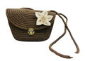 Hand Woven Straw Crossbody Handbag with White Flower Accent, Brown, Brass Lock Closure