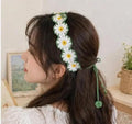 Crochet Daisy Headband, White and Green Floral Hair Accessory, Boho Style with Tassel Tie