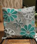 Beaded Floral Throw Pillow Cover, Teal and Silver, Flower Embroidered Decorative Cushion Cover