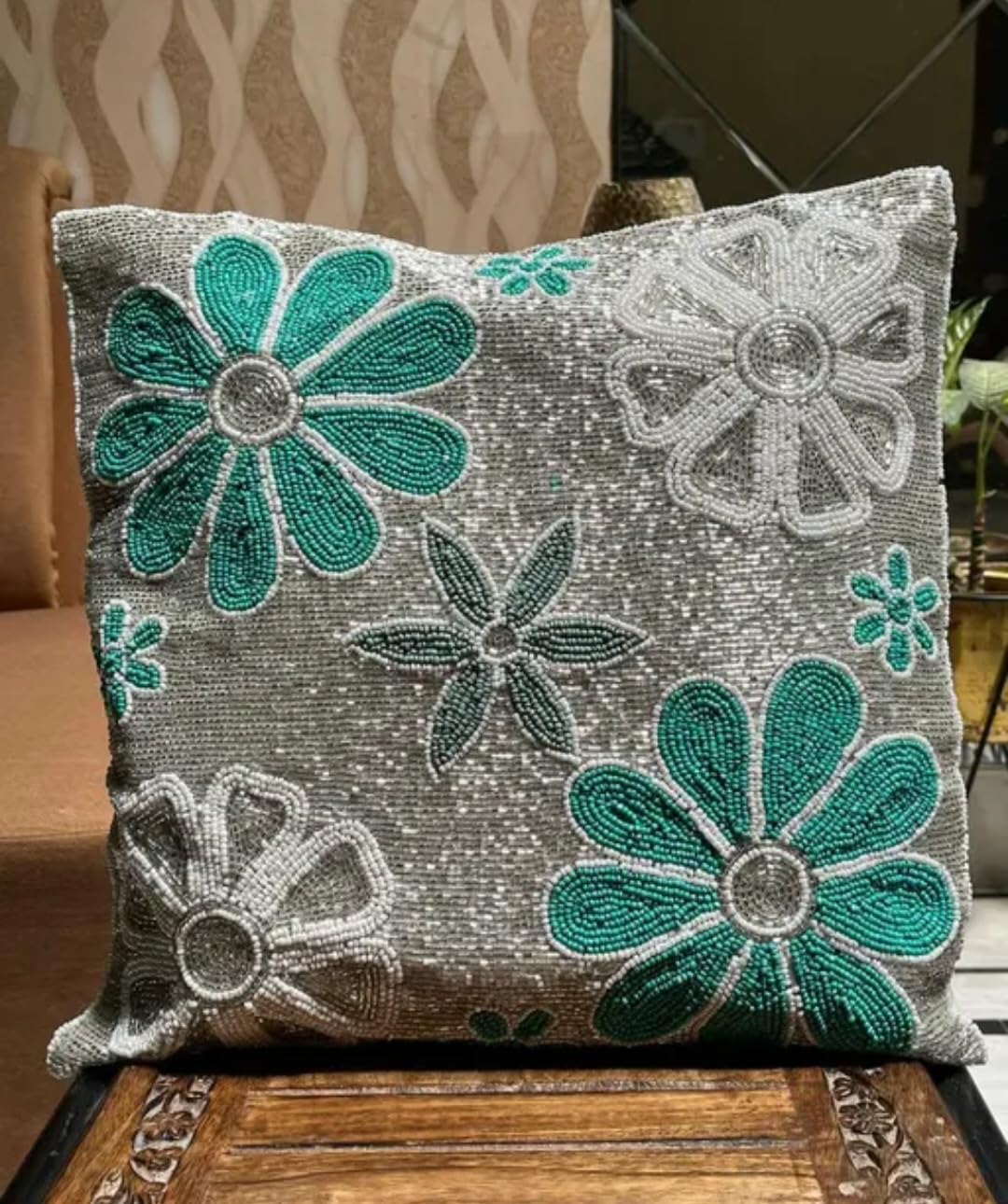 Beaded Floral Throw Pillow Cover, Teal and Silver, Flower Embroidered Decorative Cushion Cover