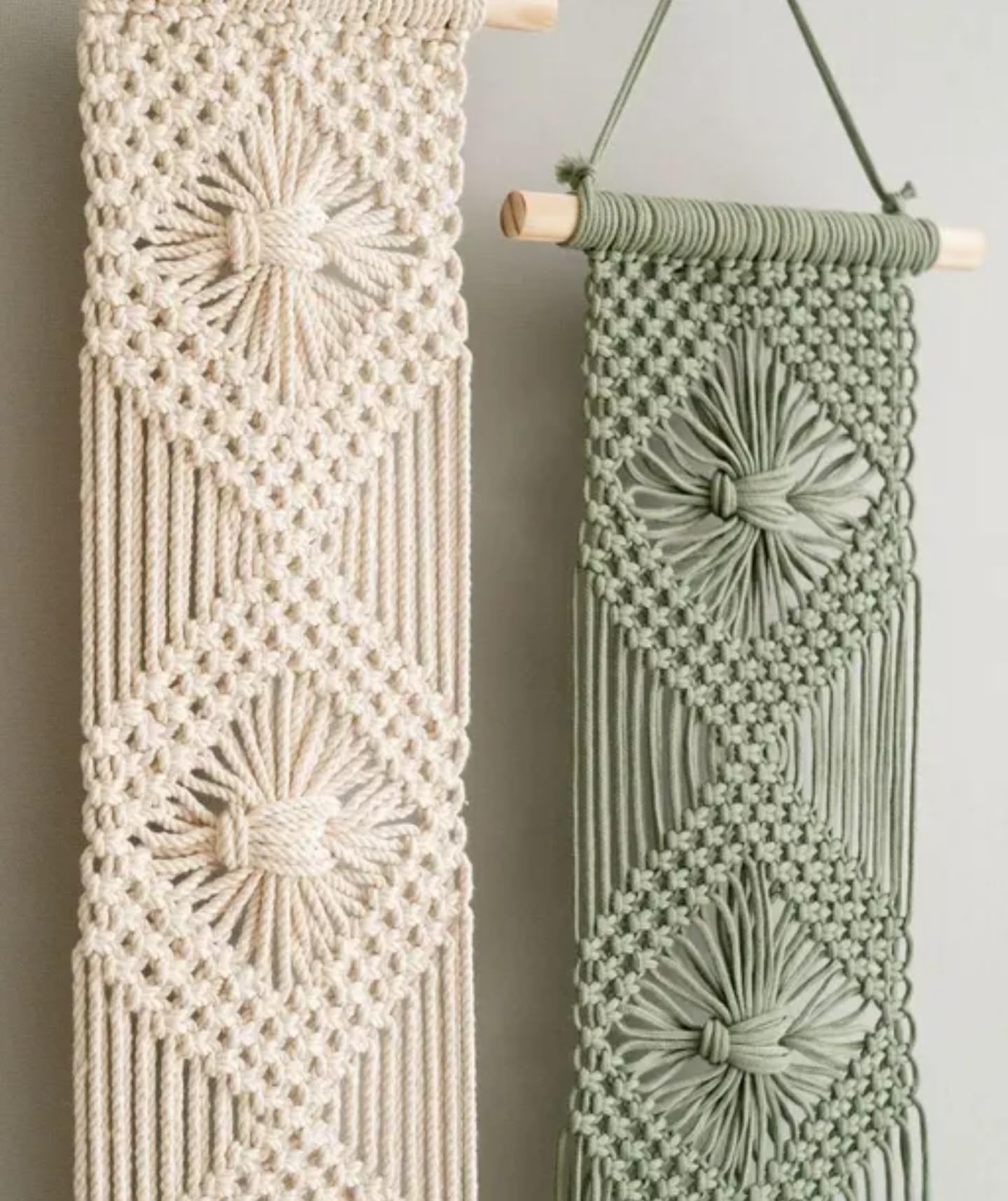 Handcrafted Macrame Wall Hanging, Geometric Diamond Pattern, Cream and Sage Green, Set of 2