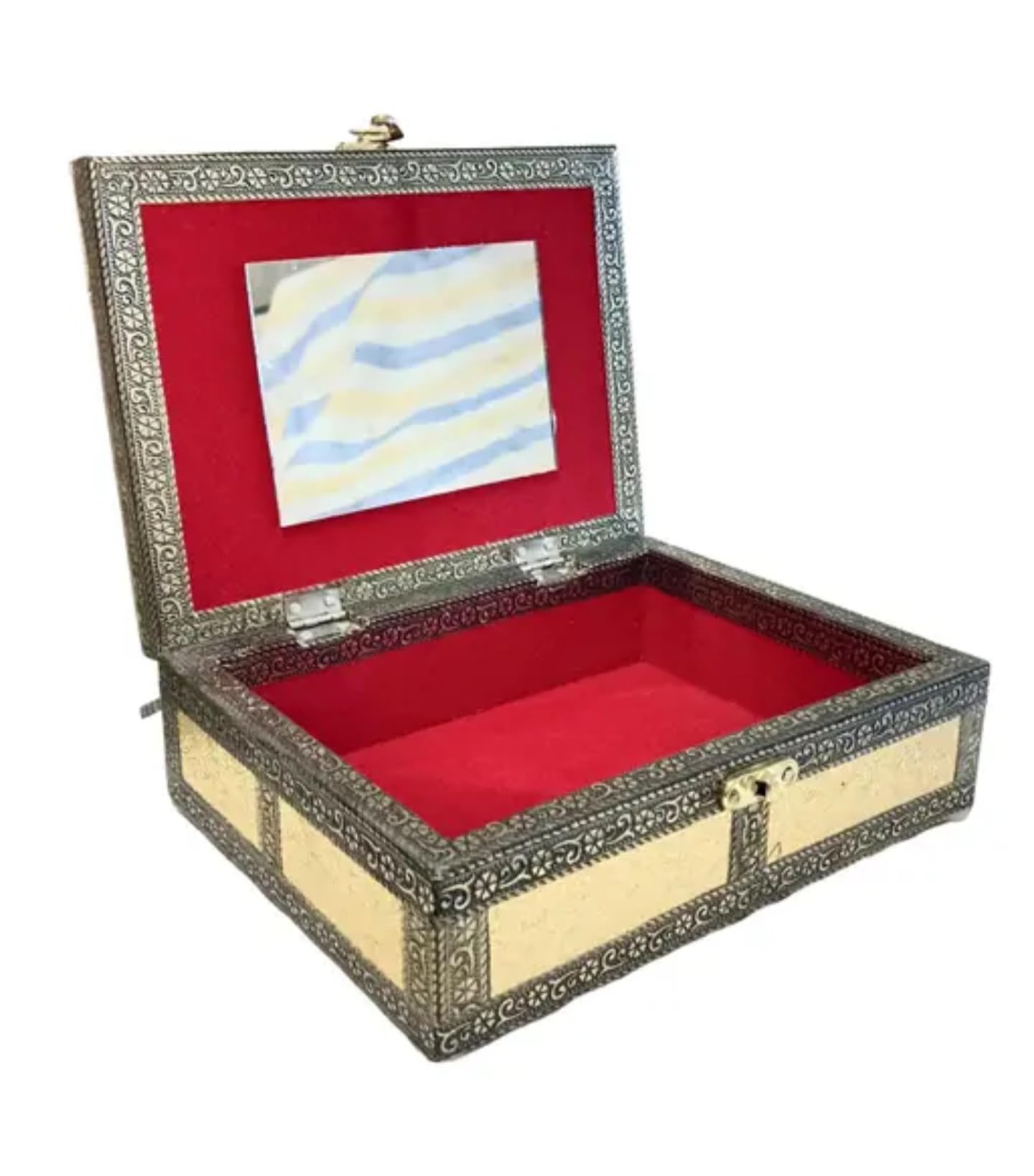 Vintage Decorative Jewelry Box with Floral Pattern, Antique Gold and Beige, Metal Clasp Lock, Traditional Style Storage Case