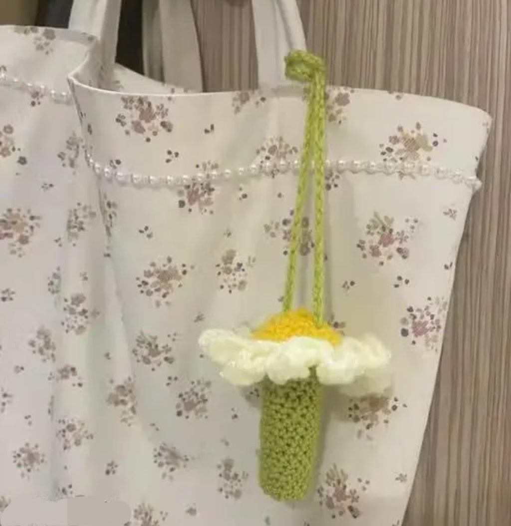 Crochet Daisy Flower lipstick cage, Handmade Knit Floral Charm, White and Yellow, Boho Style, lipstick box