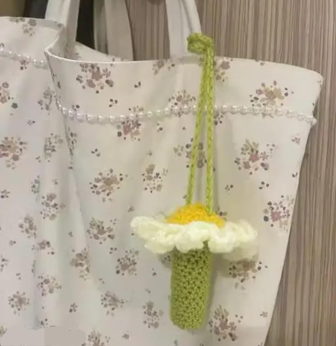 Crochet Daisy Flower lipstick cage, Handmade Knit Floral Charm, White and Yellow, Boho Style, lipstick box