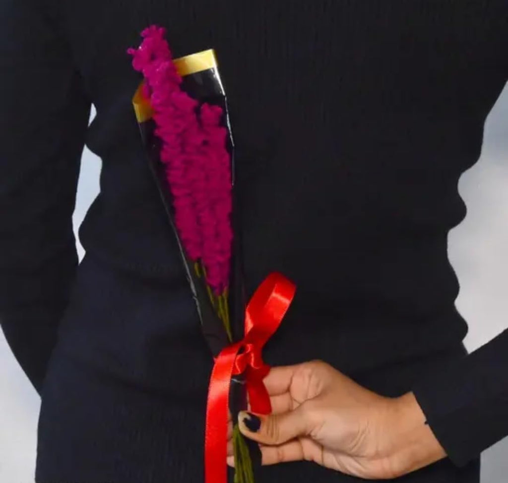 Handcrafted Crochet Flower Bouquet, Magenta, Black and Gold Wrap with Red Satin Ribbon, Gift Ready