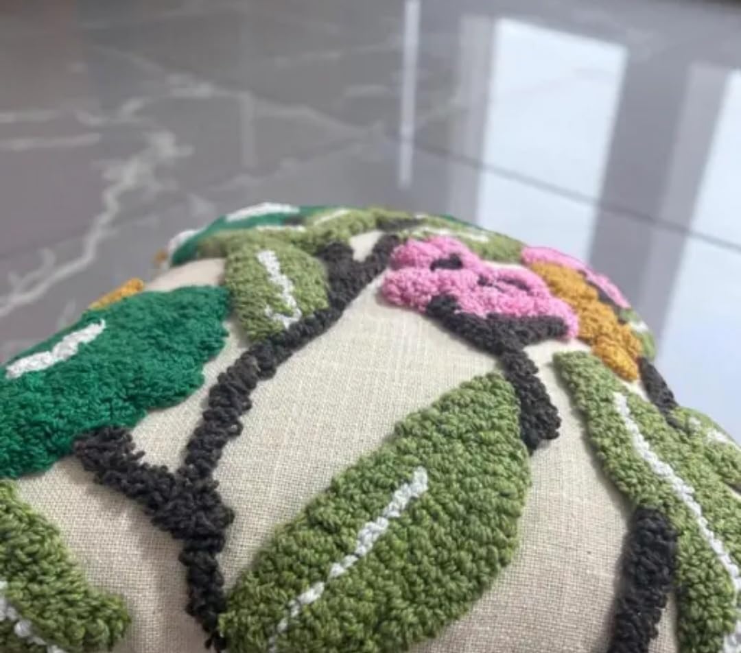 Floral Embroidered Throw Pillow Cover with Tassels, Boho Garden Tree Design, Multicolor