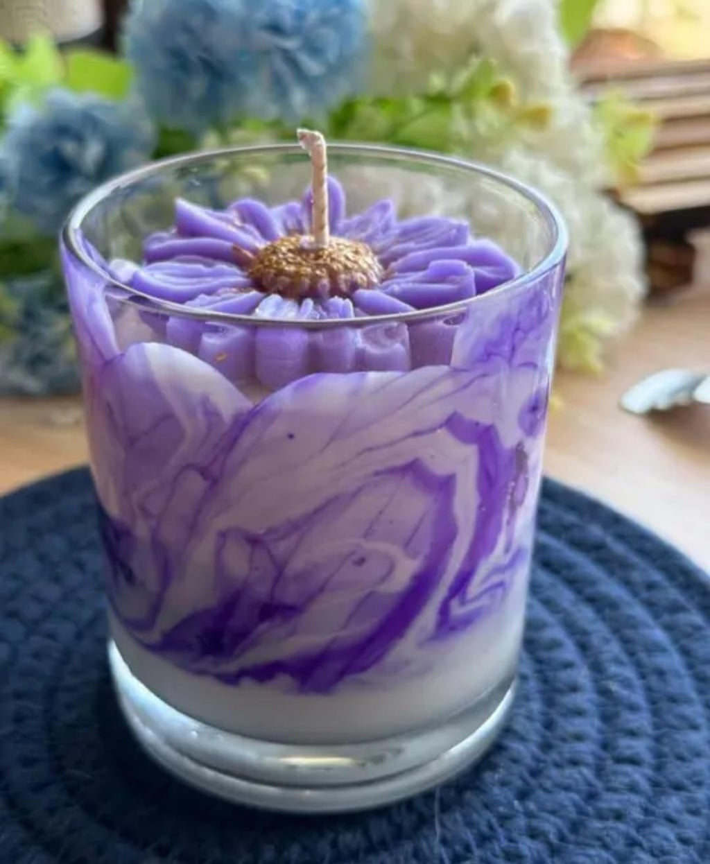 Purple Marble Swirl Flower Candle in Glass, Decorative Daisy Wax Candle, Floral Home Decor