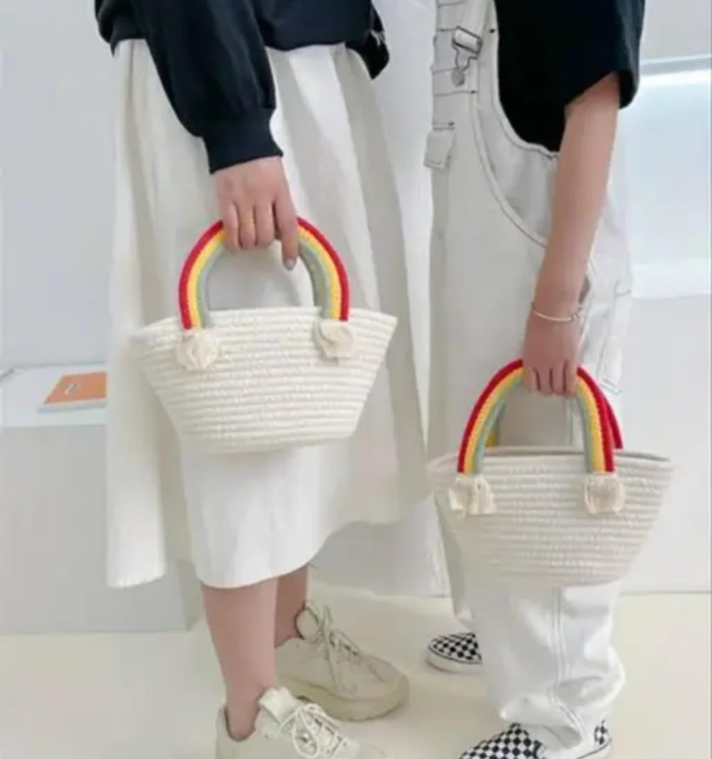 Decorative Cotton Rope Storage Basket with Rainbow Handle, White, Handwoven