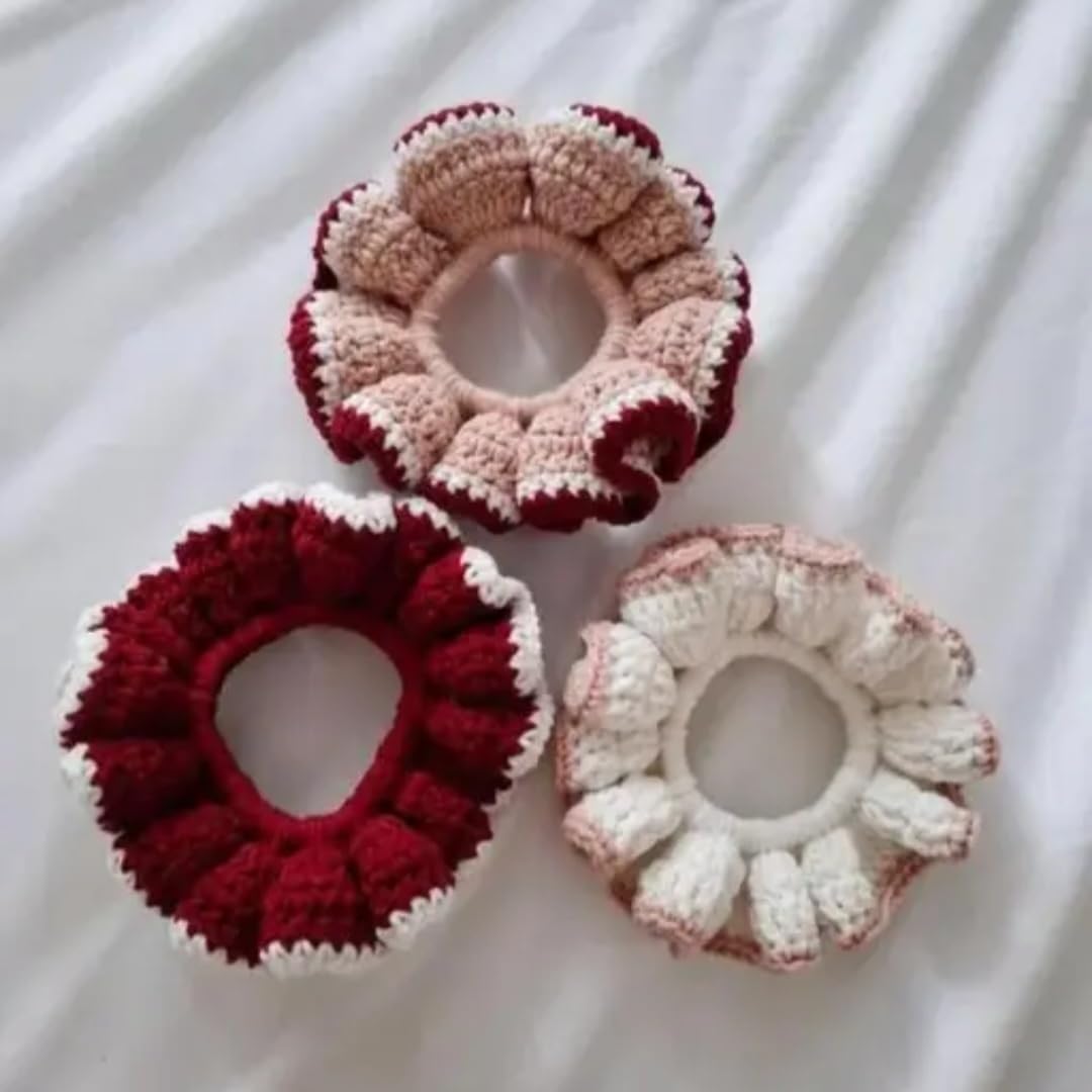 Handmade Crochet Hair Scrunchies, Set of 3, Red, Pink and White, Knit Hair Ties