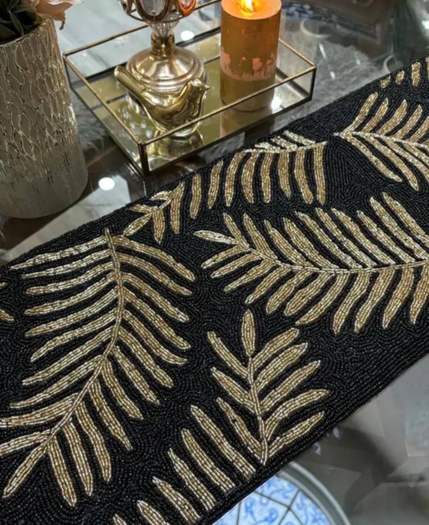 Beaded Table Runner, Black and Gold, Palm Leaf Pattern, Tropical Theme, Decorative Accent