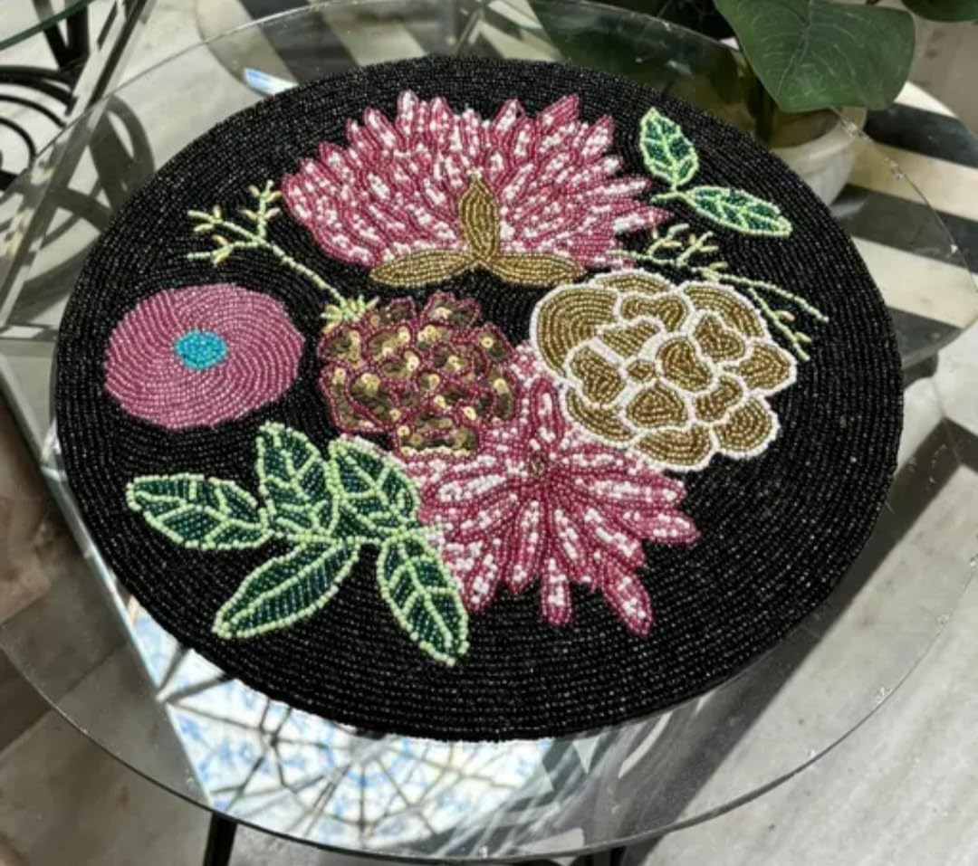 Beaded Round Placemat, Black Floral Design, Handcrafted Seed Bead, Botanical Table Decor