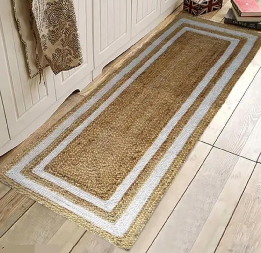 Braided Jute Handcrafted Runner Rug, Natural and White Border, Rectangular, Bohemian Style, Hallway or Entryway