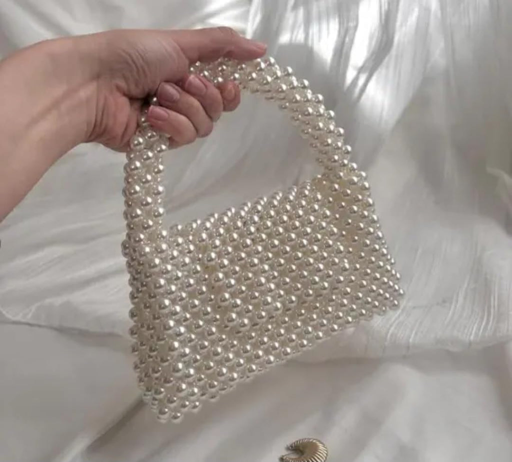 Pearl Beaded Handbag, White, Elegant Top Handle Bag, Handcrafted Faux Pearl Purse