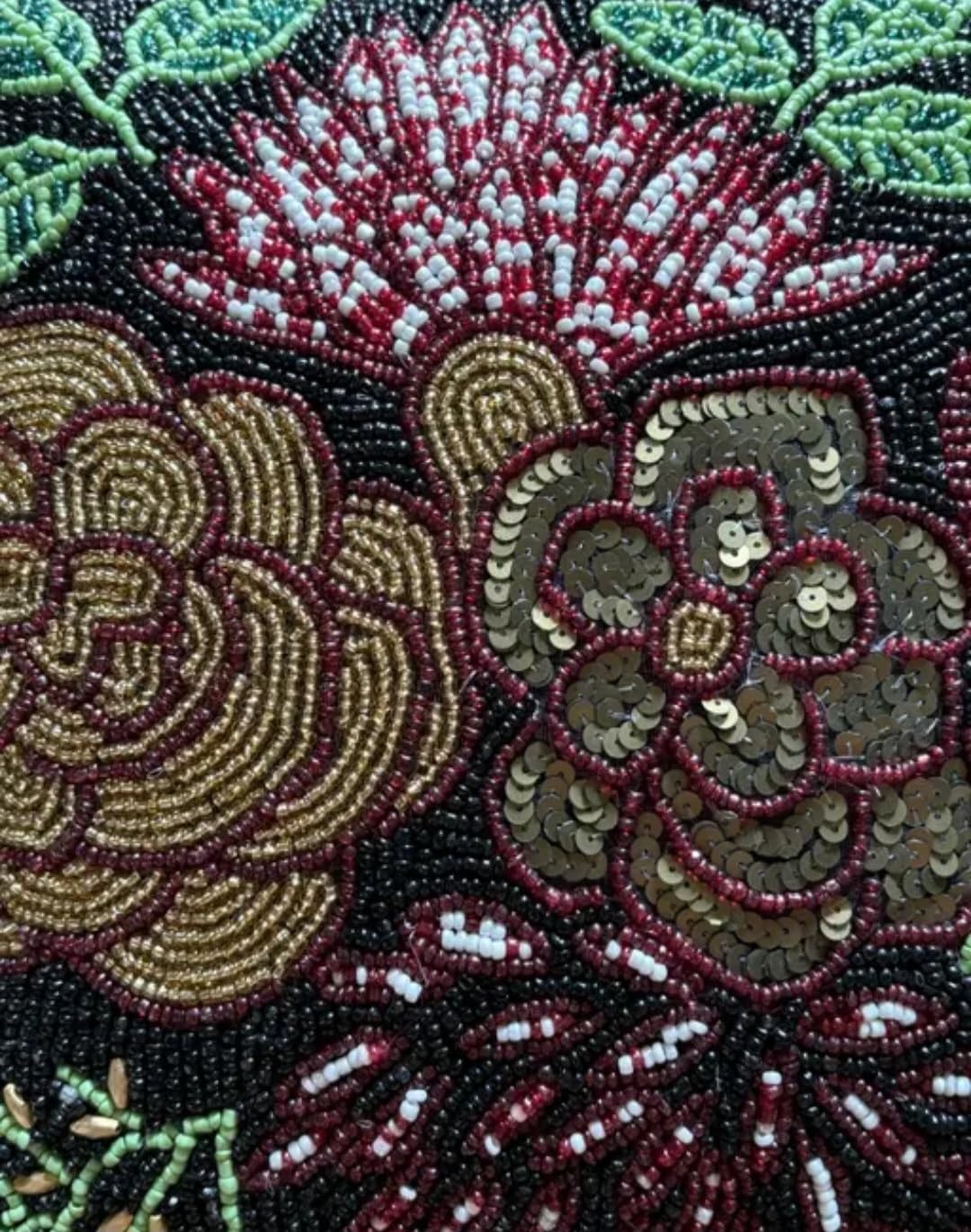 Beaded Floral Decorative Throw Pillow Cover, Black Background, Burgundy and Gold Flowers, Green Leaves