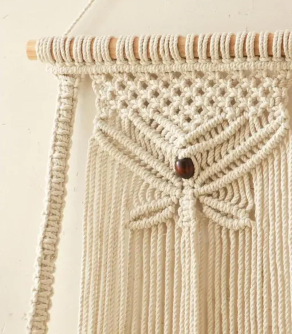 Macrame Wall Hanging Shelf with Decorative Woven Pattern, Boho Home Decor, Cotton Rope Floating Display