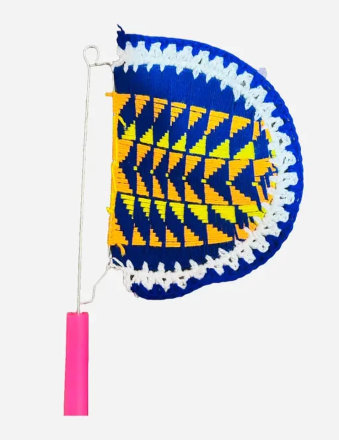 Handwoven Fan with Wire Handle, Blue, Yellow & White, Geometric Pattern, Decorative Hand Fan