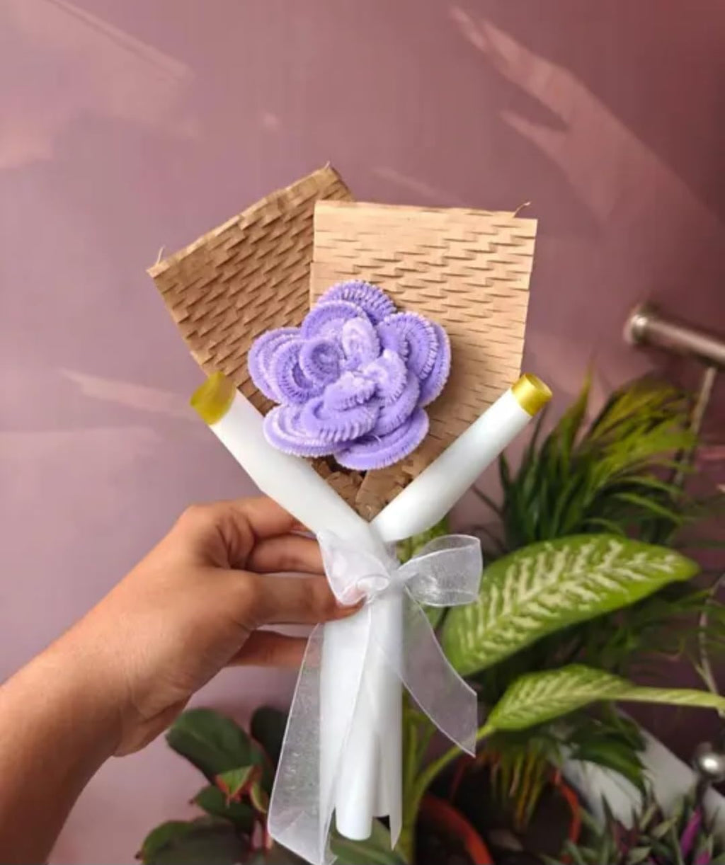 Decorative Flower Bouquet, Purple Lace Flower, Natural Wood Wrap, White Ribbon, Handmade Gift