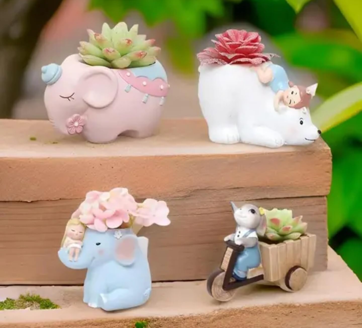 Cute Animal Succulent Planter Set, Decorative Mini Plant Pots with Elephant, Bear, Mouse Designs, Pink and White, Indoor Garden Decor, 4 Pieces