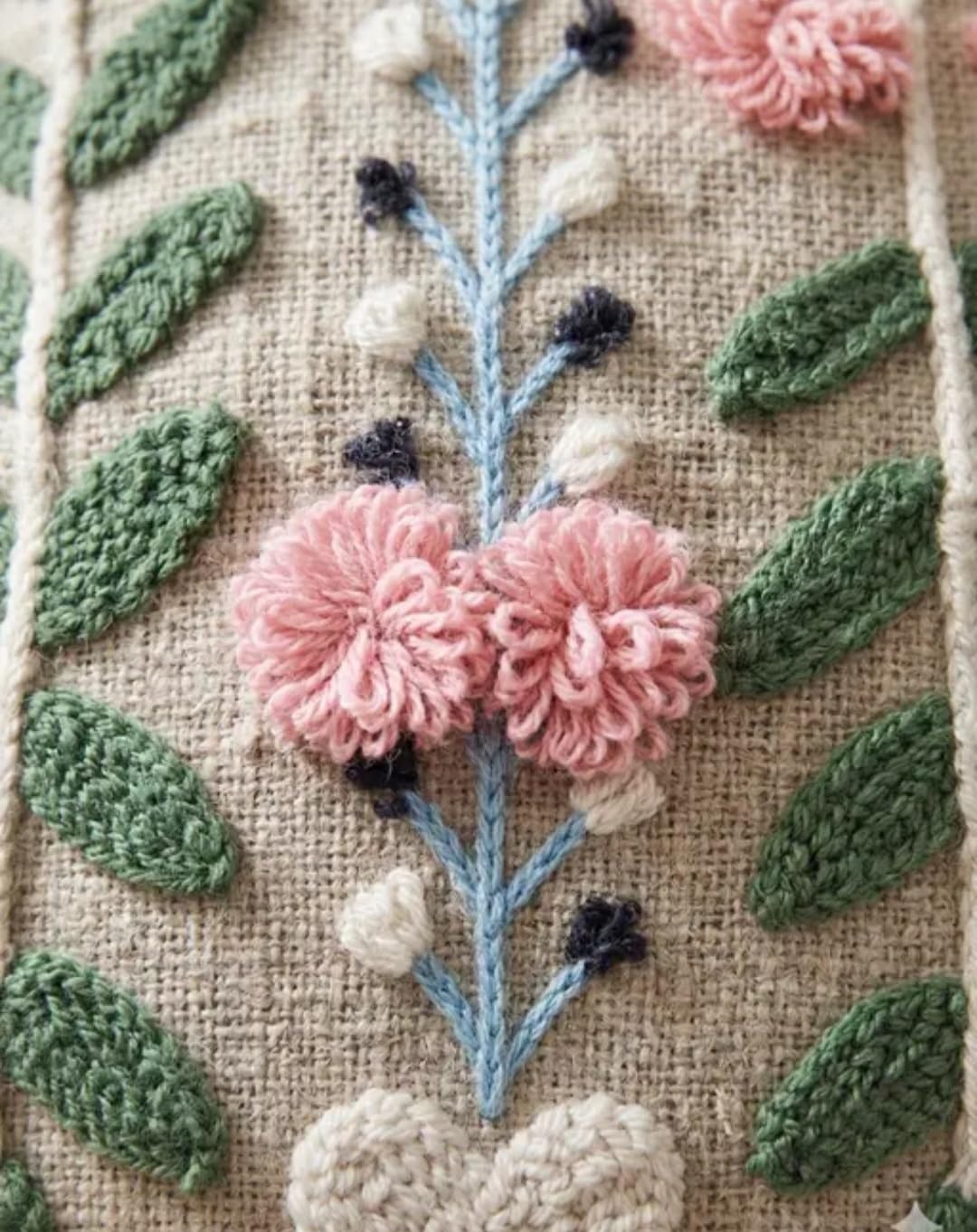 Hand Embroidered Floral Throw Pillow Cover with Green Tassels and Pink Pom-Poms, Boho Botanical Style