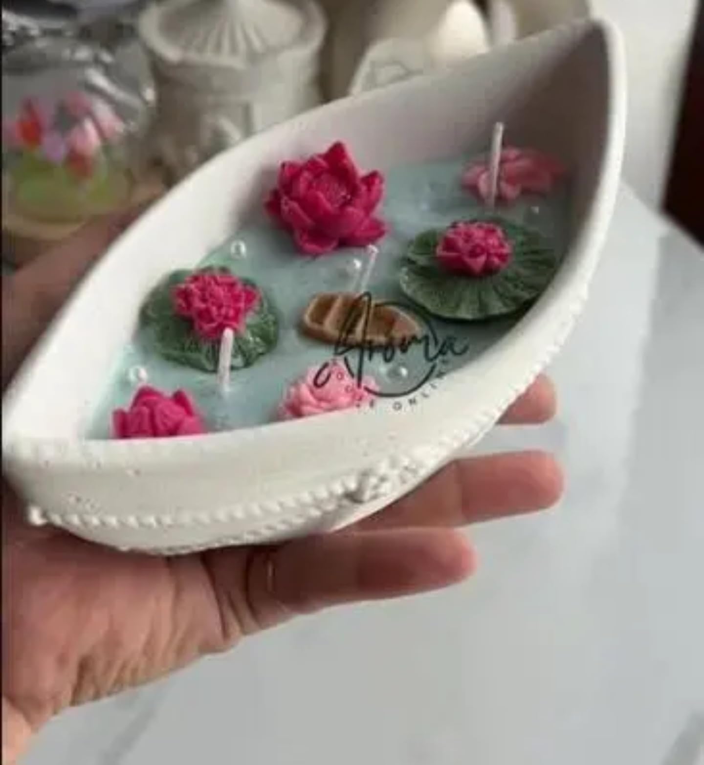 Decorative Lotus Flower Floating Candle Set, White Ceramic Bowl with Pink Roses, Lily Pad Design
