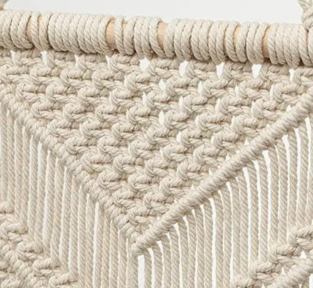 Macrame Wall Hanging, Handwoven Cotton Rope Tapestry with Wooden Rod, Boho Home Decor, Cream