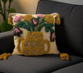Decorative Throw Pillow Cover with Tassels, Floral Vase Punch Needle Embroidered, Boho Style, Cream