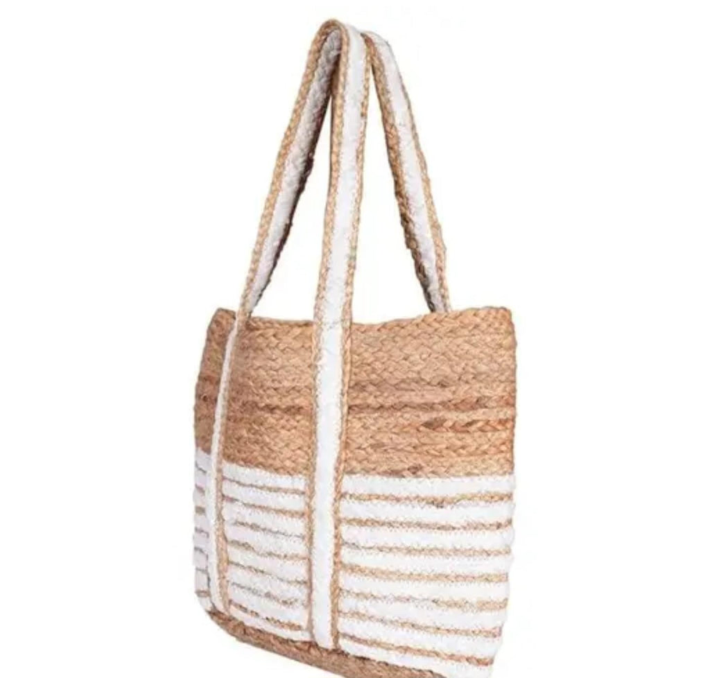Handwoven Jute Beach Tote Bag, Natural and White Striped Pattern, Double Handle