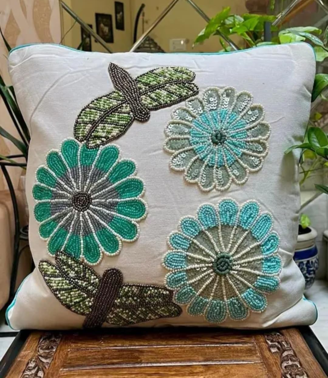 Beaded Floral Throw Pillow Cover, White, Teal and Green Flower Embroidery, Decorative Cushion Cover
