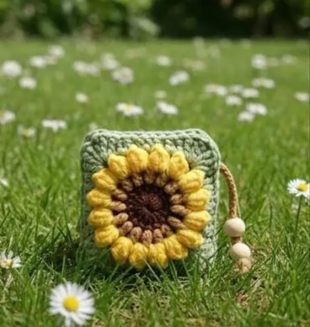Crochet Sunflower AirrPods Case, Green and Yellow, Handmade Knit Cover Compatible with AirPods, Boho Floral Style with Drawstring