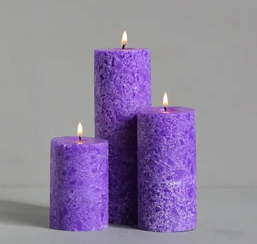 Rustic Purple Pillar Candles Set, 3 Graduated Sizes, Textured Finish