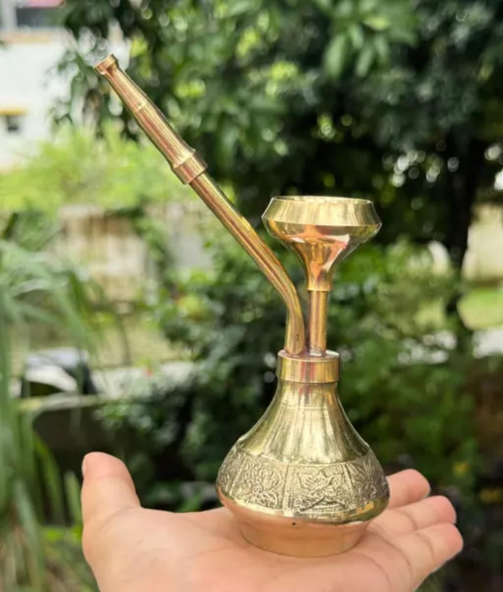 Decorative Brass Hookah with Ornate Base, Traditional Design, Gold Finish